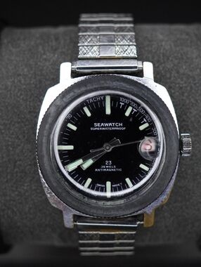 VINTAGE RARE NICE DIVER STYLE MEN'S SWISS MECHANICAL WATCH "SEAWATCH" 23 JEWELS
